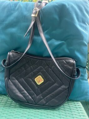 Title: TONI Navy Blue Quilted Genuine Leather Shoulder Bag with Gold Accent